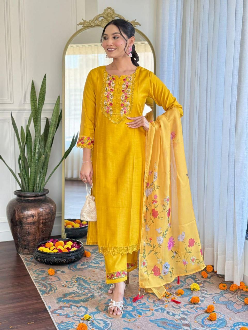 "Elegant Gadhwal Silk Top with Embroidery & Taby Silk Dupatta – Stylish & Comfortable"