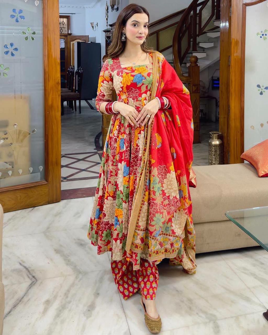 "Bright Red Floral Cotton & Chanderi Dress for All Occasions"