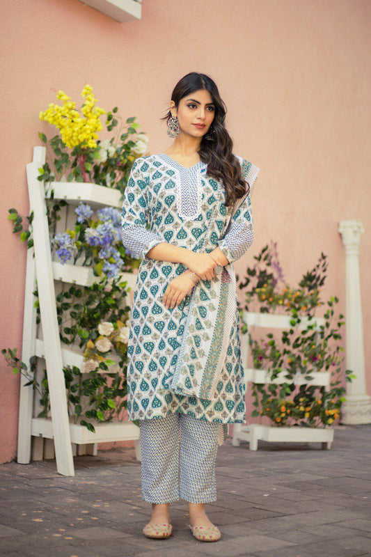 "Elegant Green Cotton Printed V-Neck Kurti Set with Divider Plaza & Mal Cotton Dupatta"