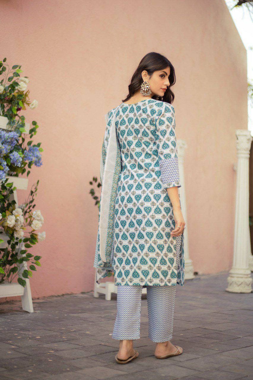 "Elegant Green Cotton Printed V-Neck Kurti Set with Divider Plaza & Mal Cotton Dupatta"
