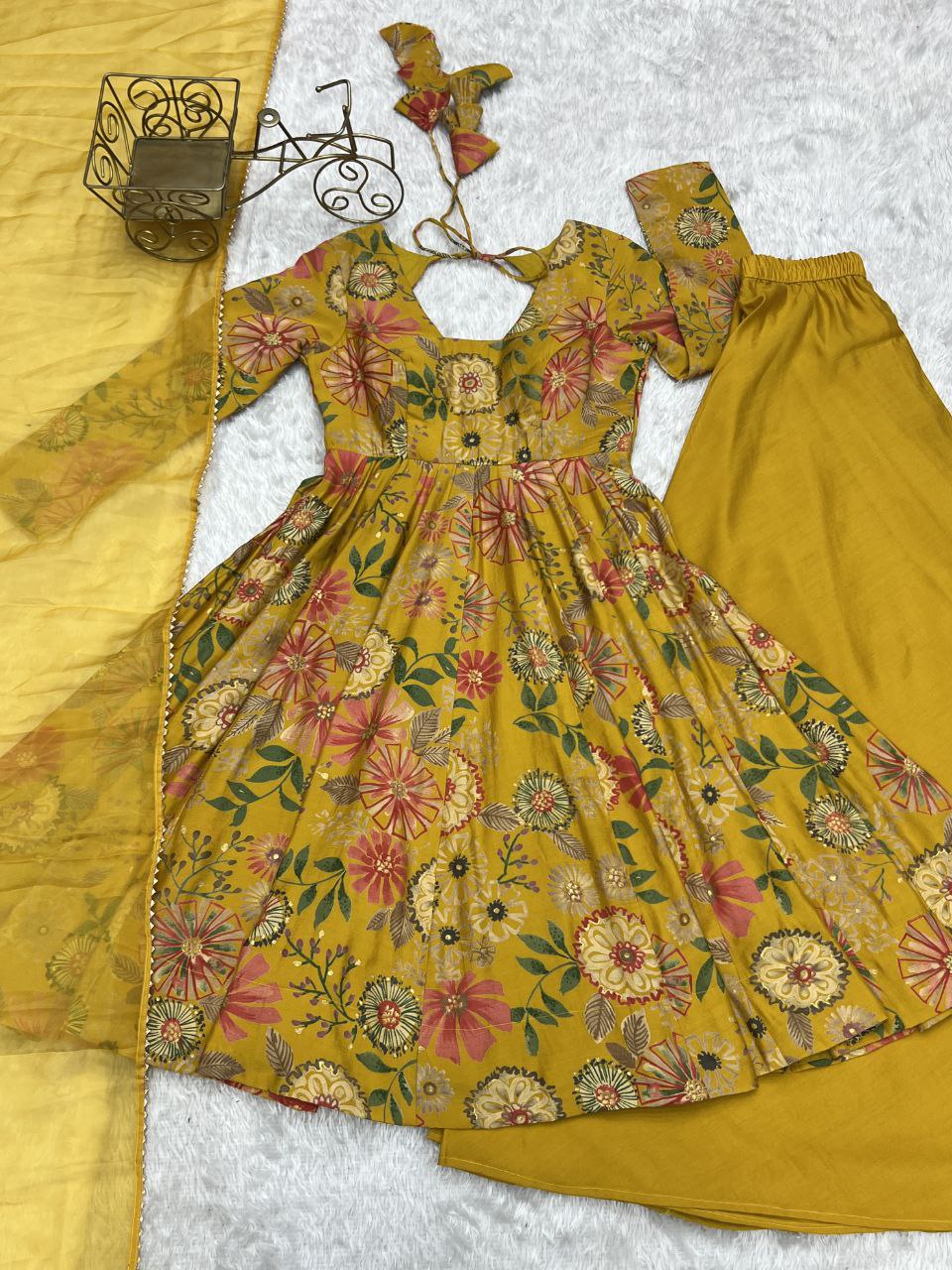 "Elegant Kediya Kurta Set with Pure Romansilk Chanderi Fabric, Fancy Lace Work Dupatta, and Fully Stitched Palazzo"