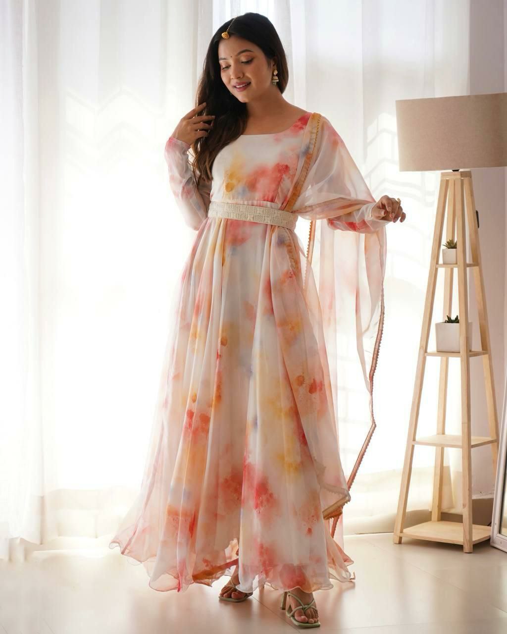 "Elegant Organza Taby Silk Gown with Digital Print & Handwork, 8 Meter Flair, and Embellished Dupatta"