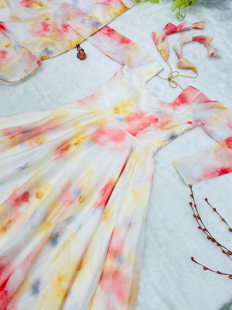 "Elegant Organza Taby Silk Gown with Digital Print & Handwork, 8 Meter Flair, and Embellished Dupatta"