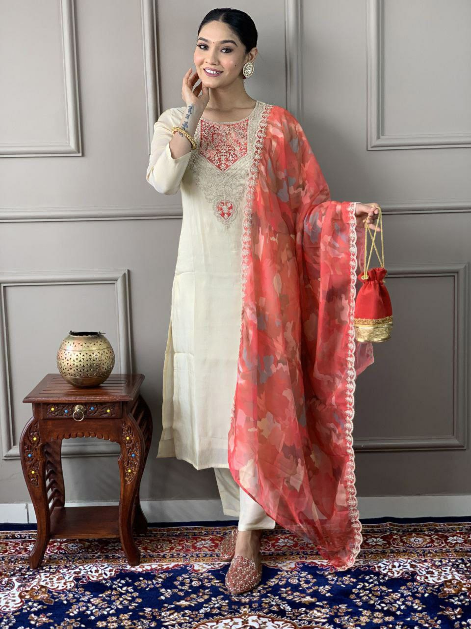 "Elegant PV Chanderi Set with Sequence Embroidery and Printed Silk Dupatta"