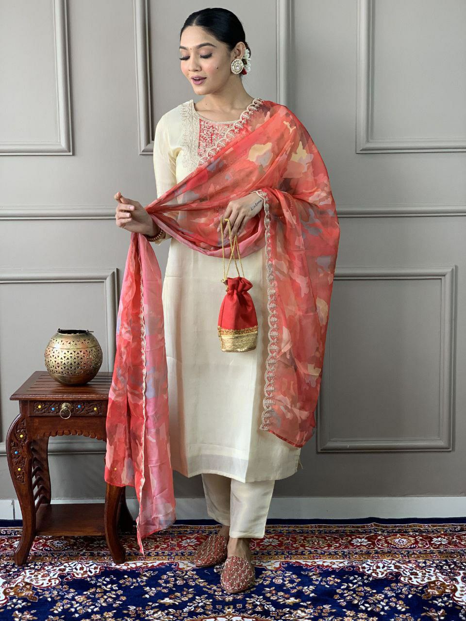 "Elegant PV Chanderi Set with Sequence Embroidery and Printed Silk Dupatta"