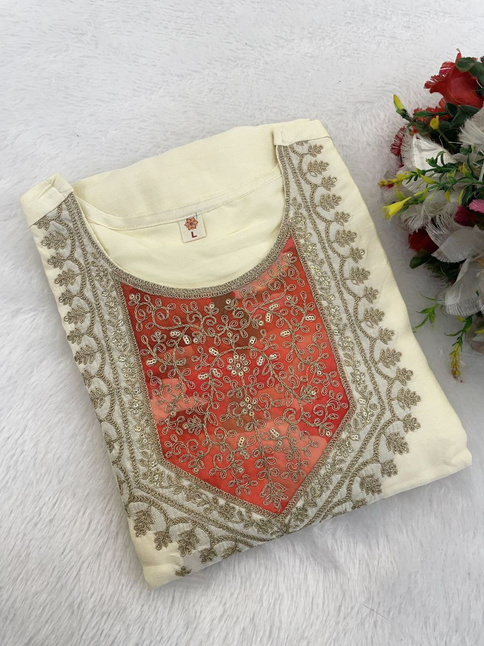 "Elegant PV Chanderi Set with Sequence Embroidery and Printed Silk Dupatta"