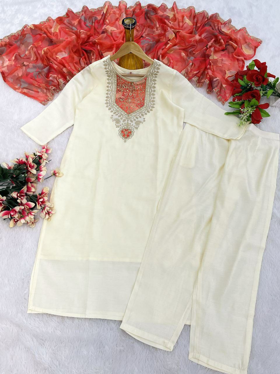 "Elegant PV Chanderi Set with Sequence Embroidery and Printed Silk Dupatta"