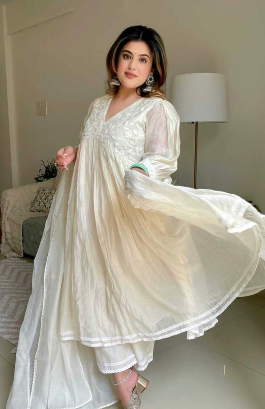 "Premium Embroidered Chanderi Silk Gown with Lace Detailing & Dupatta"