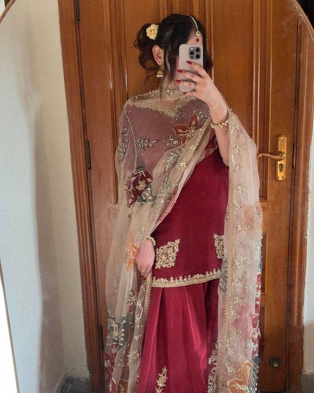 "Elegant Chinon Sequence Embroidered Suit with Full Flare Gharara & Organza Dupatta"