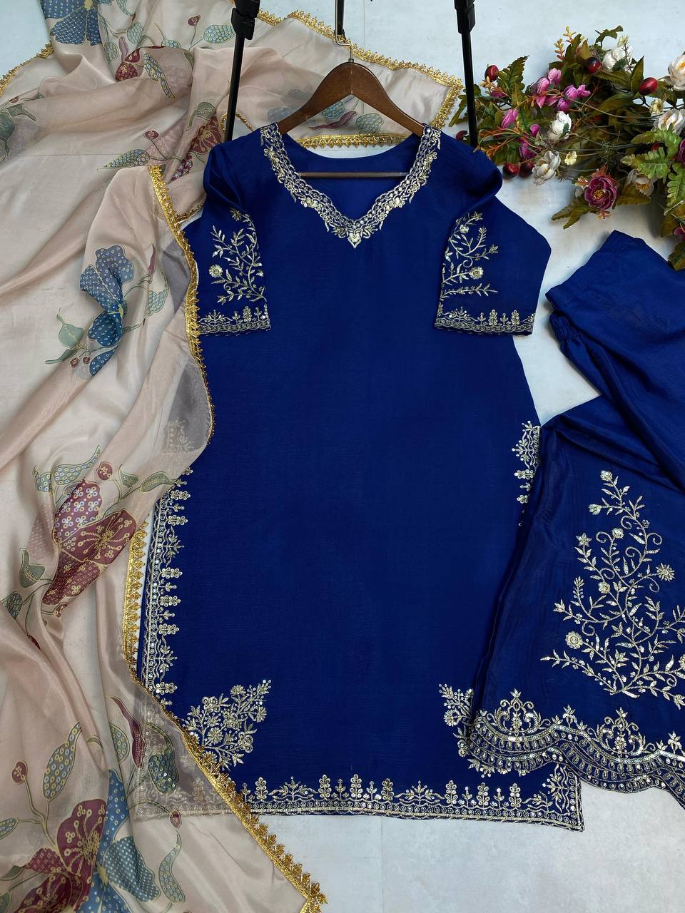 "Elegant Chinon Sequence Embroidered Suit with Full Flare Gharara & Organza Dupatta"
