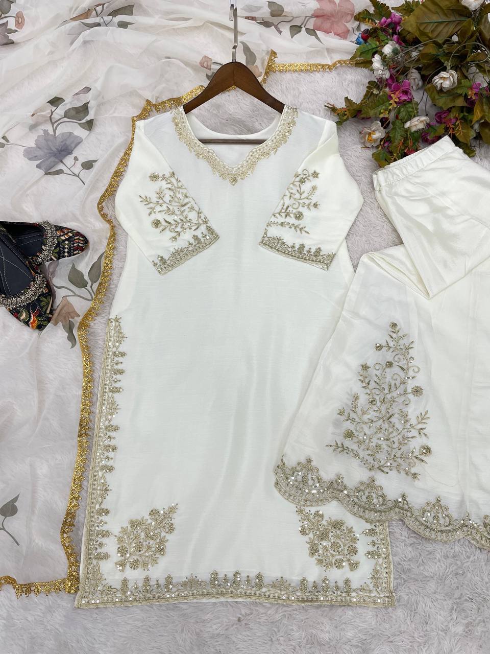 "Elegant Chinon Sequence Embroidered Suit with Full Flare Gharara & Organza Dupatta"
