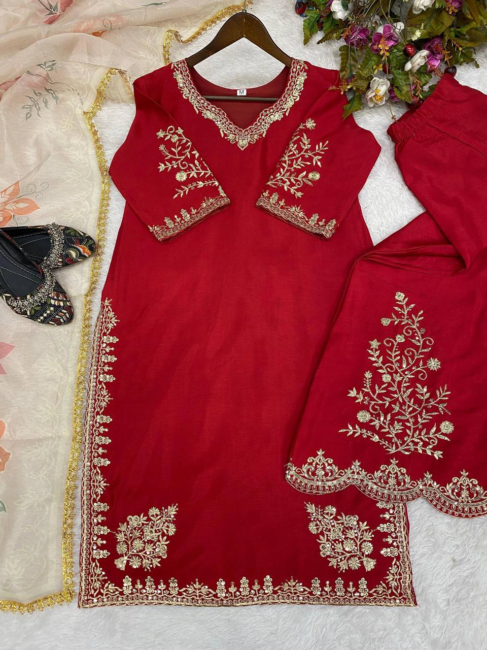 "Elegant Chinon Sequence Embroidered Suit with Full Flare Gharara & Organza Dupatta"
