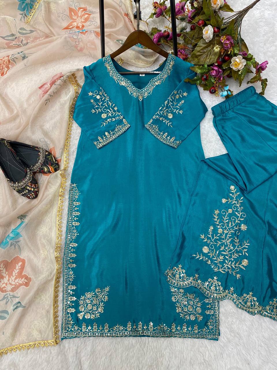 "Elegant Chinon Sequence Embroidered Suit with Full Flare Gharara & Organza Dupatta"