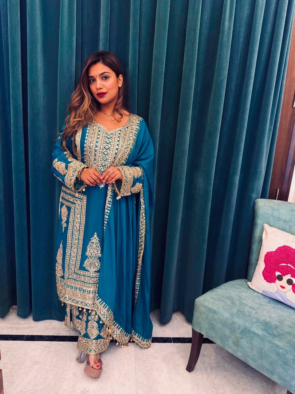 Elegant Pure Chinnon Silk Top, Plazzo, and Dupatta Set with Heavy Embroidery and Sequence Work