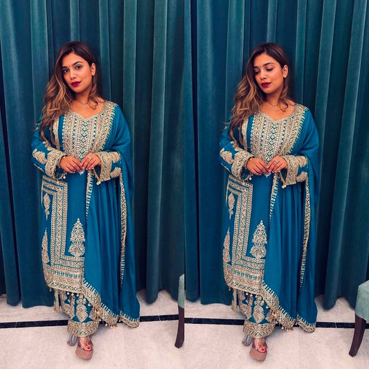 Elegant Pure Chinnon Silk Top, Plazzo, and Dupatta Set with Heavy Embroidery and Sequence Work