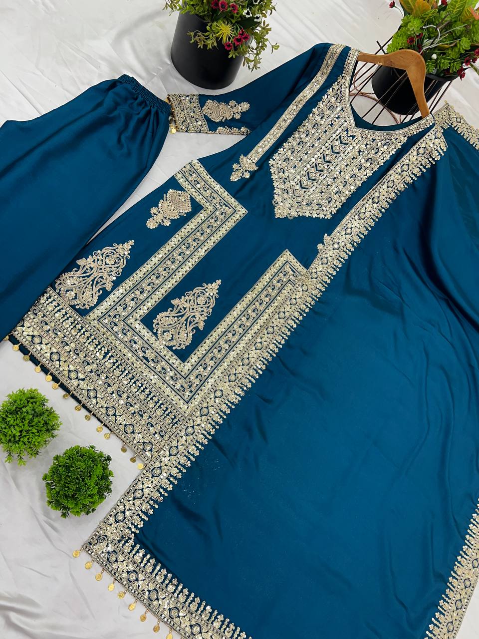 Elegant Pure Chinnon Silk Top, Plazzo, and Dupatta Set with Heavy Embroidery and Sequence Work