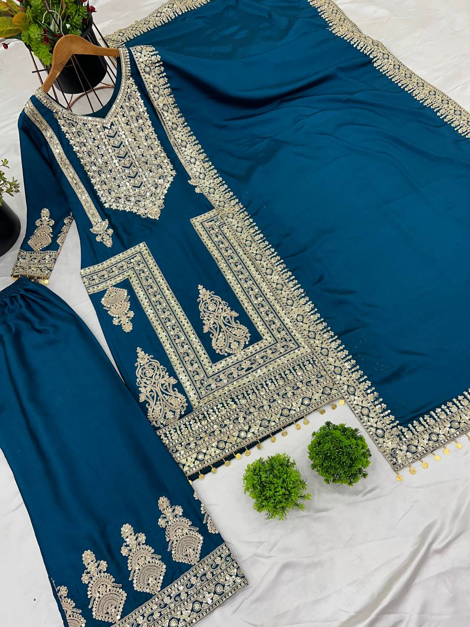 Elegant Pure Chinnon Silk Top, Plazzo, and Dupatta Set with Heavy Embroidery and Sequence Work