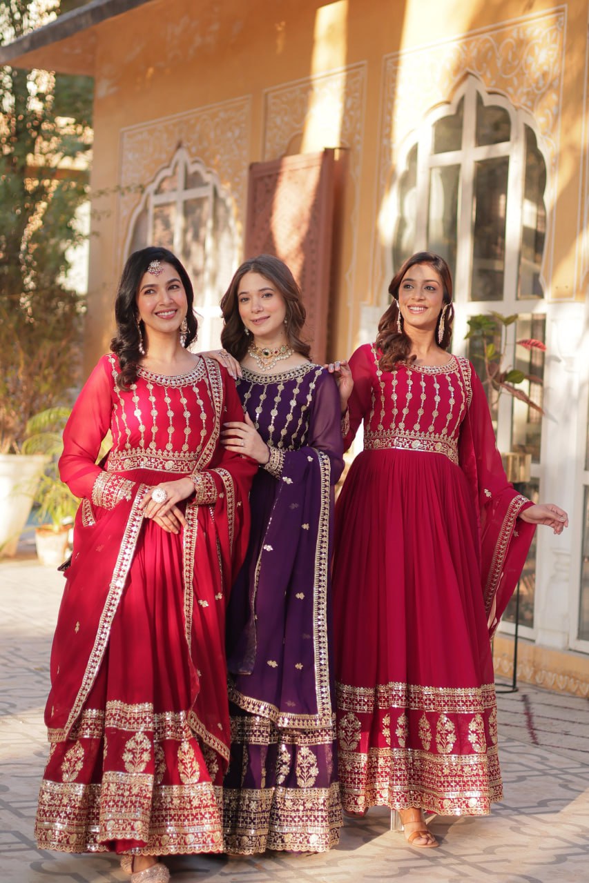 "Elegantly Embellished Faux Blooming Gown & Dupatta Set with Zari and Sequins Work"