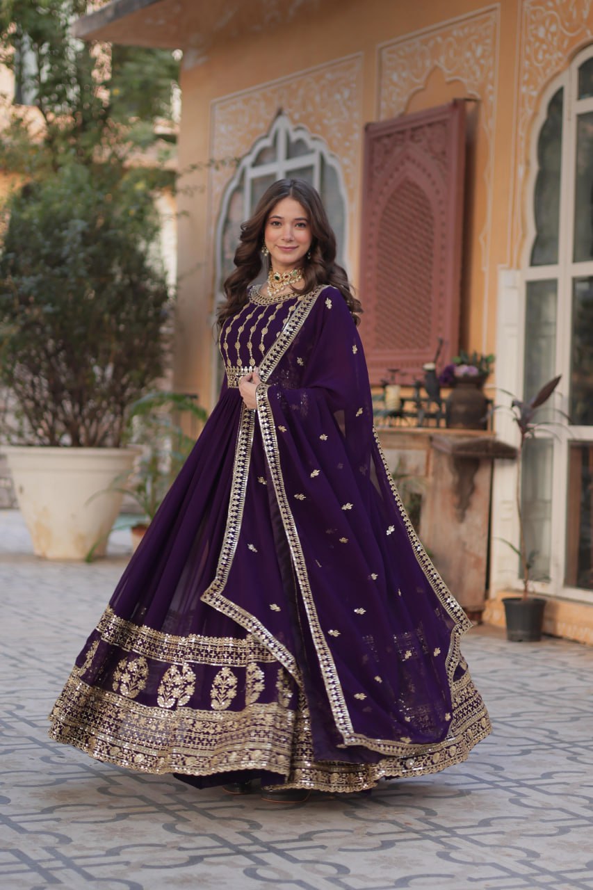 "Elegantly Embellished Faux Blooming Gown & Dupatta Set with Zari and Sequins Work"