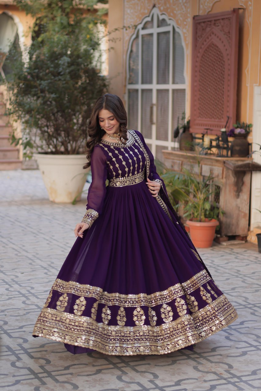 "Elegantly Embellished Faux Blooming Gown & Dupatta Set with Zari and Sequins Work"