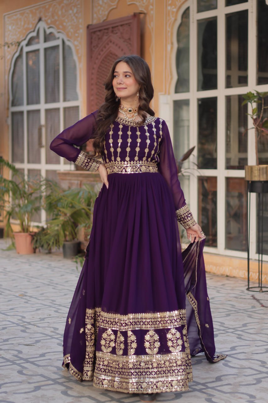 "Elegantly Embellished Faux Blooming Gown & Dupatta Set with Zari and Sequins Work"