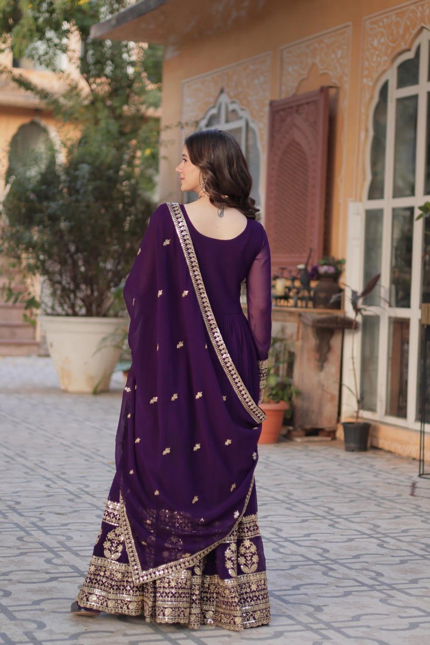 "Elegantly Embellished Faux Blooming Gown & Dupatta Set with Zari and Sequins Work"