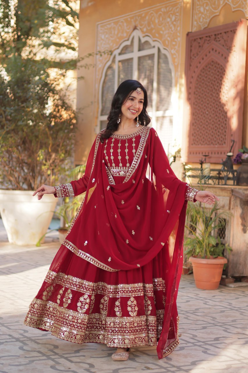 "Elegantly Embellished Faux Blooming Gown & Dupatta Set with Zari and Sequins Work"