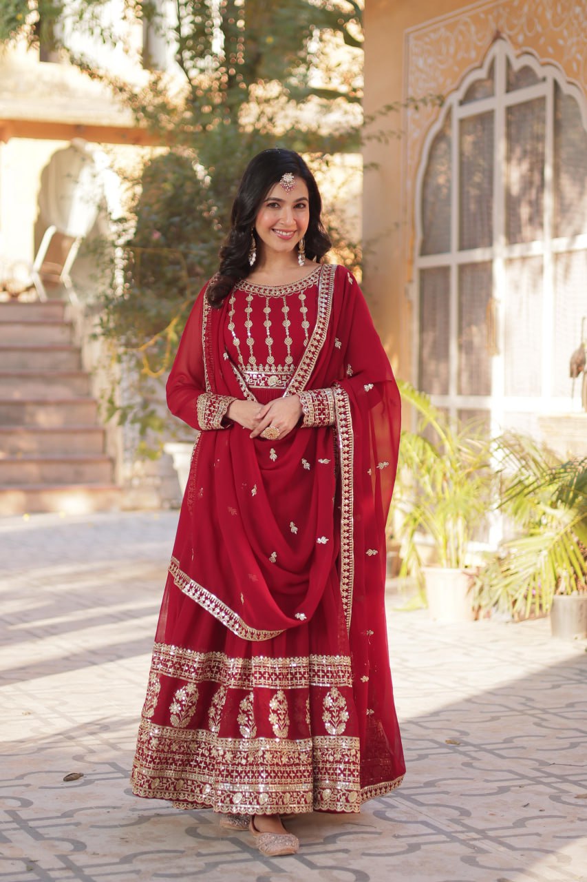 "Elegantly Embellished Faux Blooming Gown & Dupatta Set with Zari and Sequins Work"