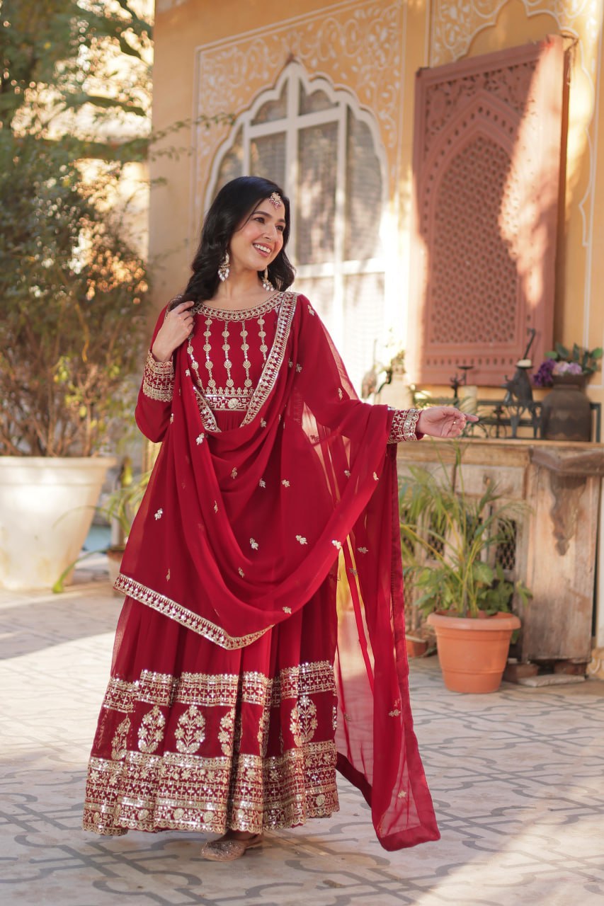 "Elegantly Embellished Faux Blooming Gown & Dupatta Set with Zari and Sequins Work"