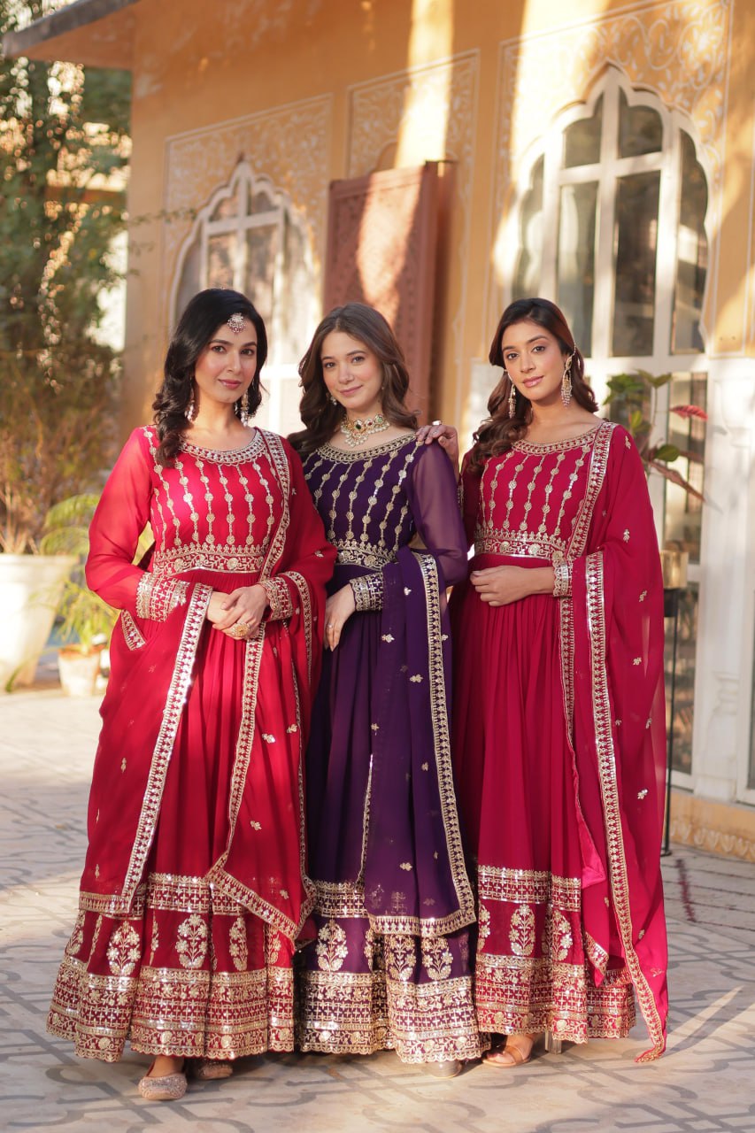 "Elegantly Embellished Faux Blooming Gown & Dupatta Set with Zari and Sequins Work"