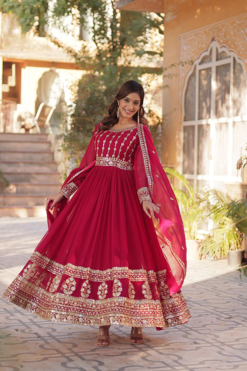 "Elegantly Embellished Faux Blooming Gown & Dupatta Set with Zari and Sequins Work"