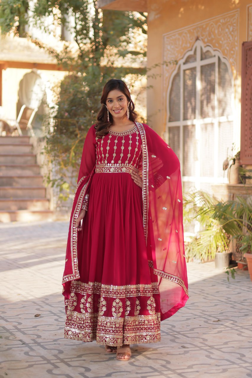 "Elegantly Embellished Faux Blooming Gown & Dupatta Set with Zari and Sequins Work"