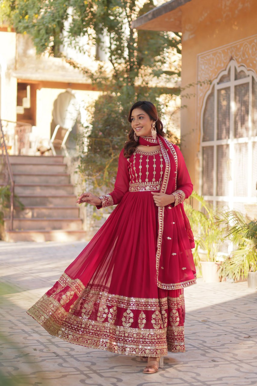 "Elegantly Embellished Faux Blooming Gown & Dupatta Set with Zari and Sequins Work"
