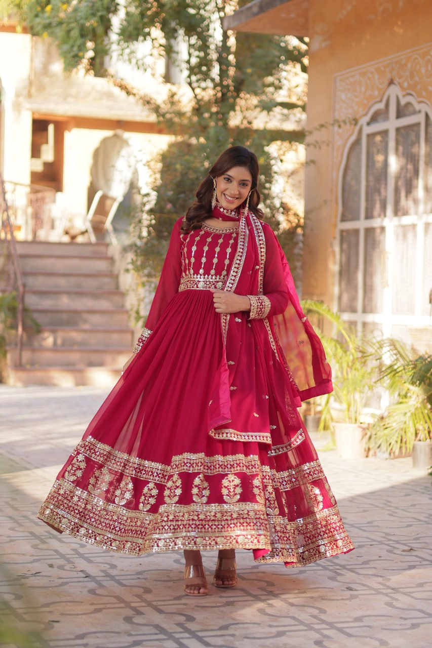 "Elegantly Embellished Faux Blooming Gown & Dupatta Set with Zari and Sequins Work"