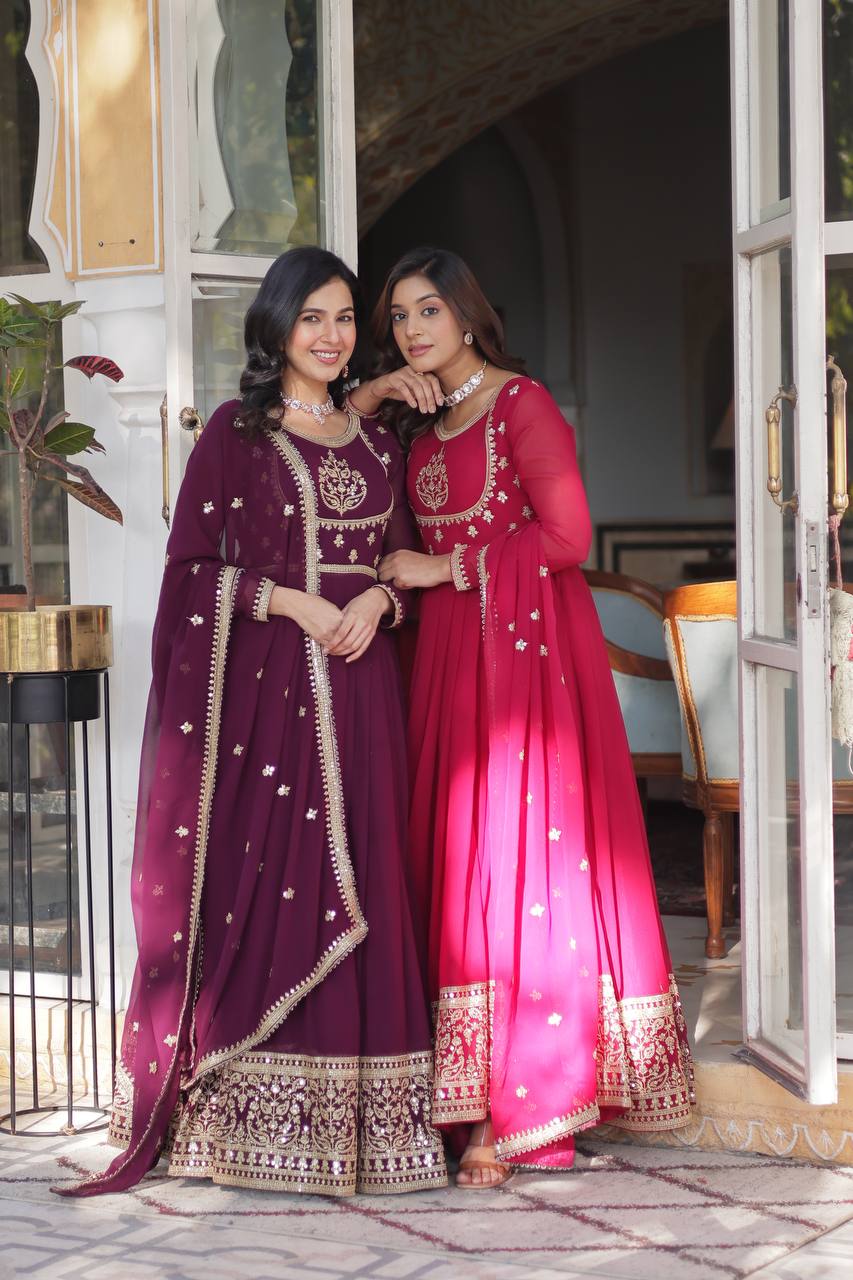 "Elegance Redefined: Faux Blooming Georgette Gown with Embroidered Dupatta"