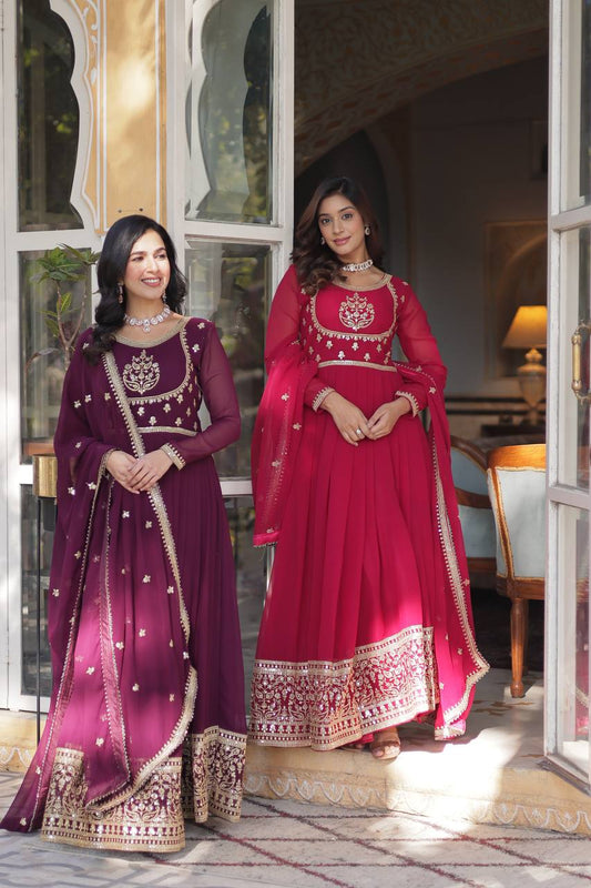 "Elegance Redefined: Faux Blooming Georgette Gown with Embroidered Dupatta"