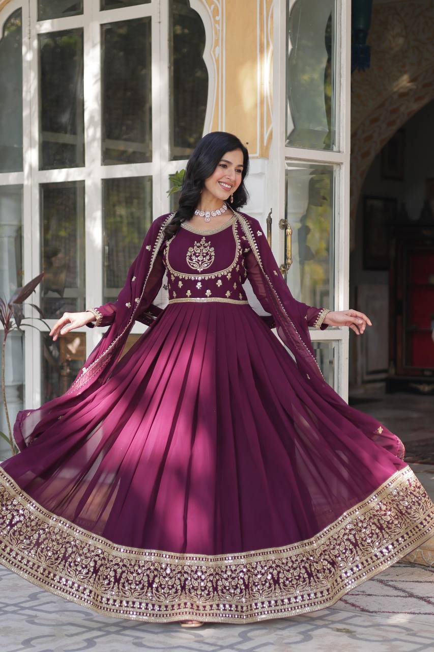 "Elegance Redefined: Faux Blooming Georgette Gown with Embroidered Dupatta"