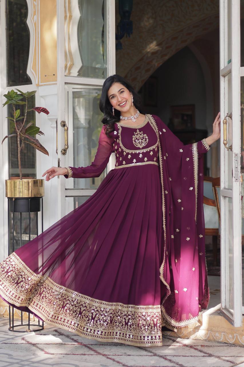 "Elegance Redefined: Faux Blooming Georgette Gown with Embroidered Dupatta"