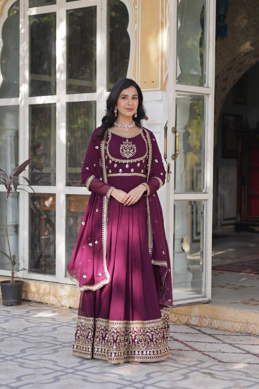 "Elegance Redefined: Faux Blooming Georgette Gown with Embroidered Dupatta"