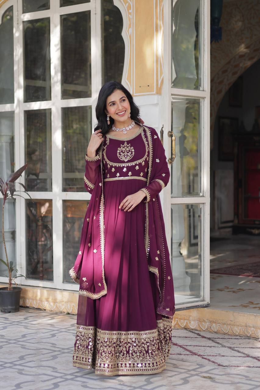 "Elegance Redefined: Faux Blooming Georgette Gown with Embroidered Dupatta"