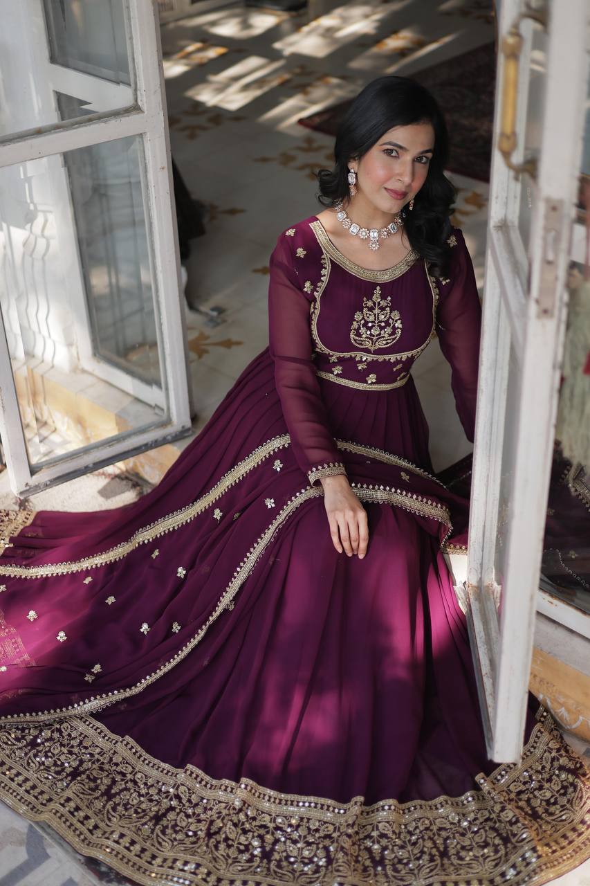 "Elegance Redefined: Faux Blooming Georgette Gown with Embroidered Dupatta"
