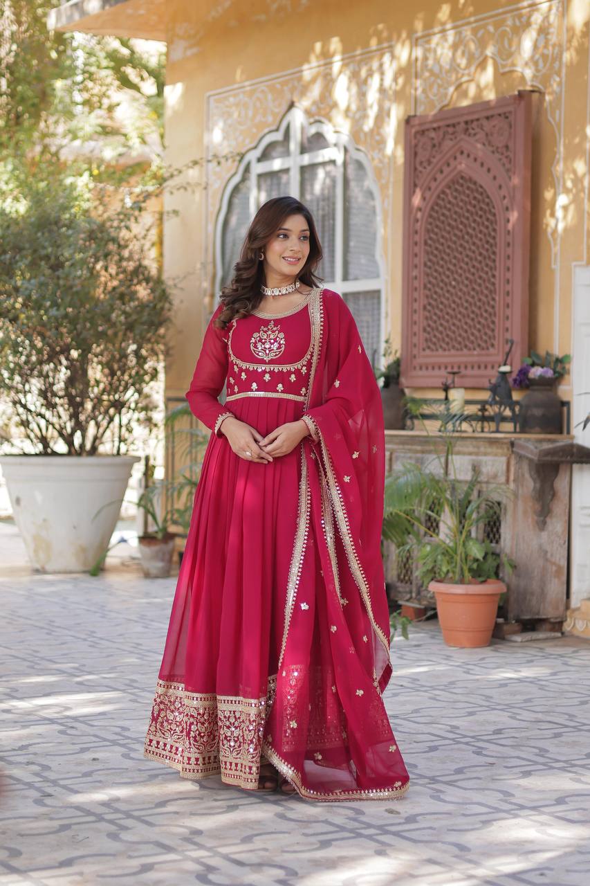 "Elegance Redefined: Faux Blooming Georgette Gown with Embroidered Dupatta"