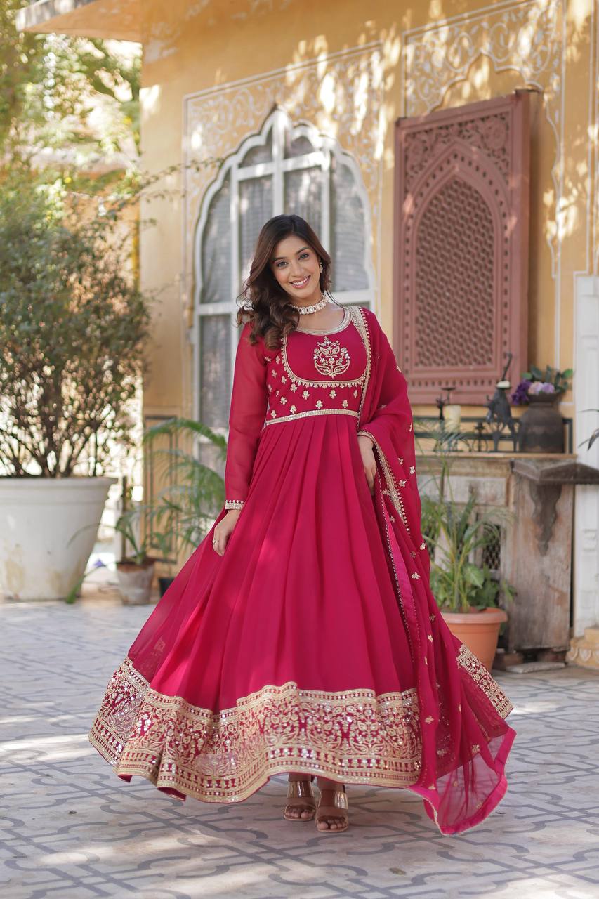 "Elegance Redefined: Faux Blooming Georgette Gown with Embroidered Dupatta"