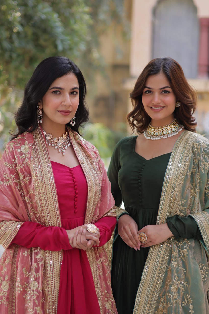 "Elegant Shimmer Vichitra Embroidered Gown with Sequins and Fendi Dupatta with Lace Border"