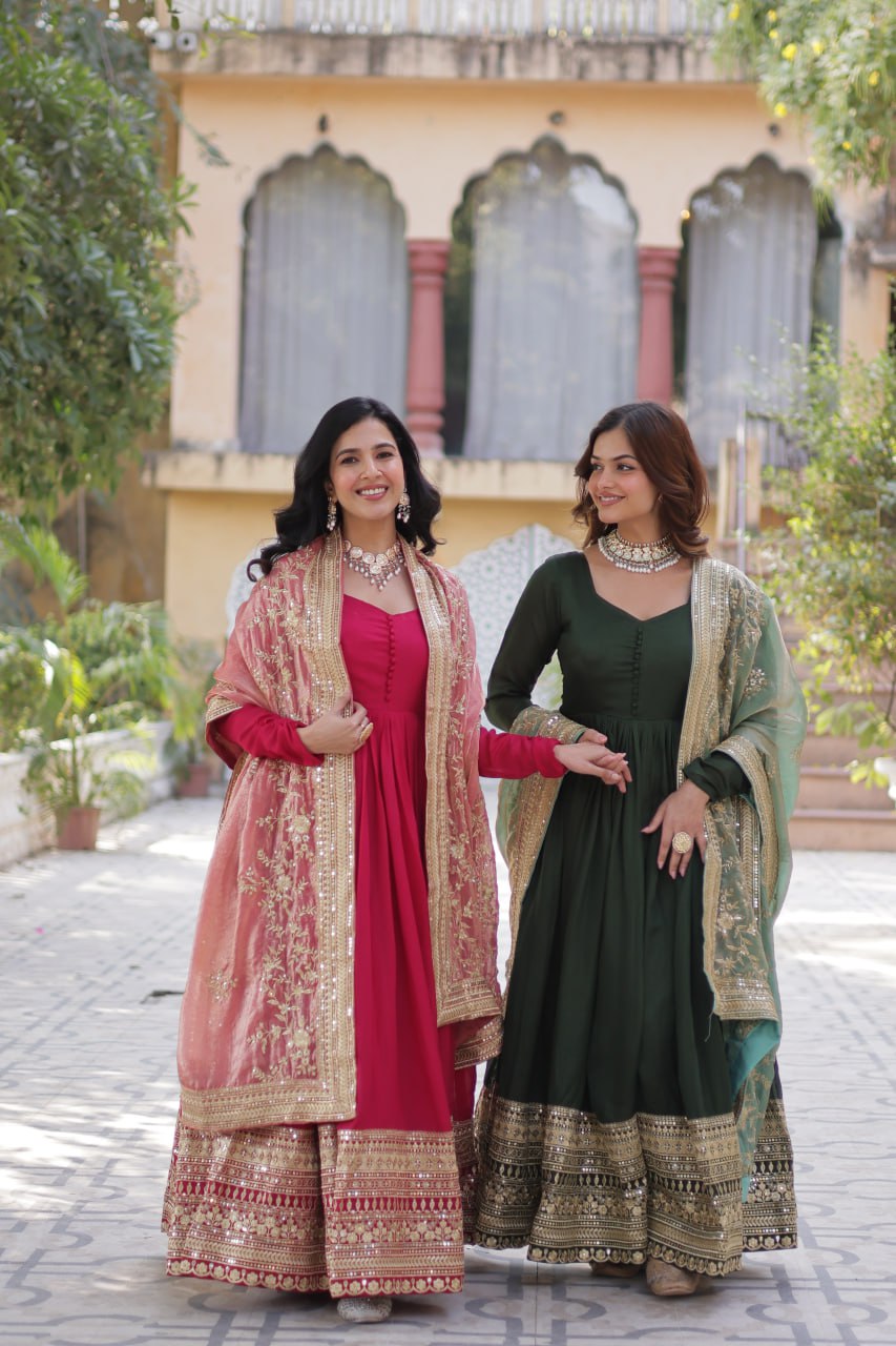 "Elegant Shimmer Vichitra Embroidered Gown with Sequins and Fendi Dupatta with Lace Border"