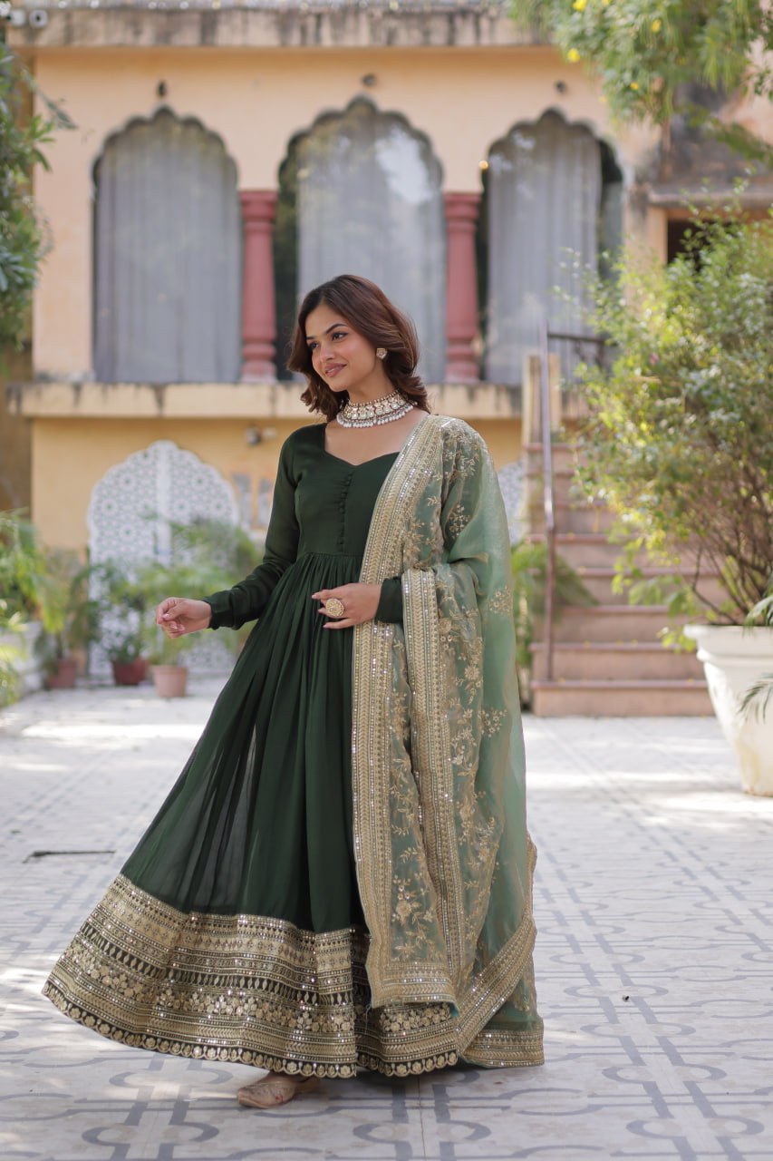 "Elegant Shimmer Vichitra Embroidered Gown with Sequins and Fendi Dupatta with Lace Border"