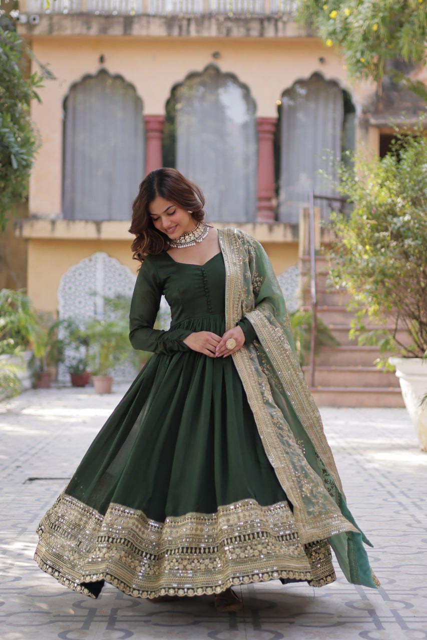 "Elegant Shimmer Vichitra Embroidered Gown with Sequins and Fendi Dupatta with Lace Border"