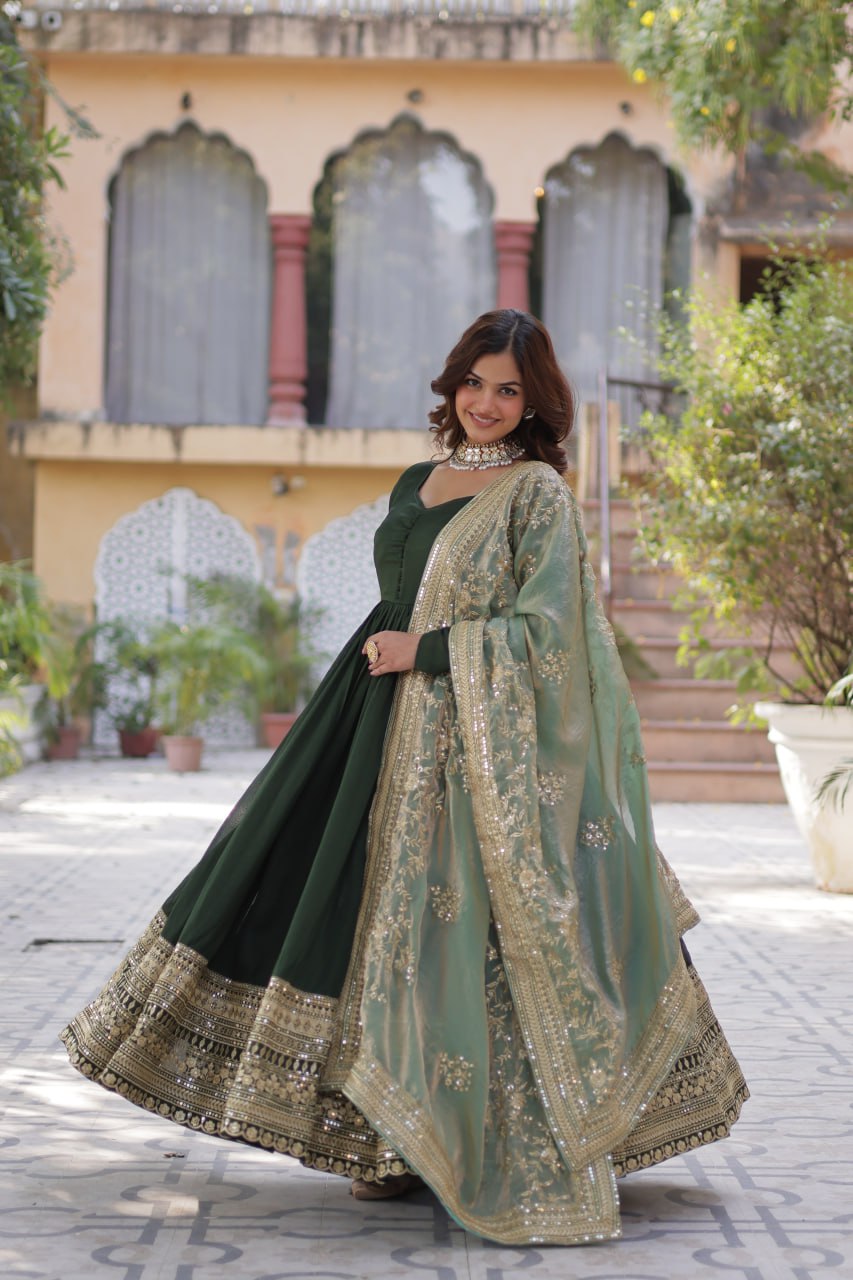 "Elegant Shimmer Vichitra Embroidered Gown with Sequins and Fendi Dupatta with Lace Border"