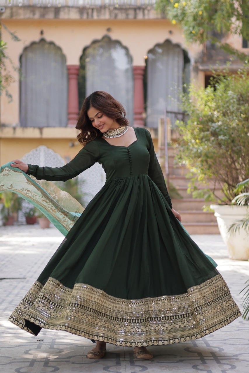"Elegant Shimmer Vichitra Embroidered Gown with Sequins and Fendi Dupatta with Lace Border"