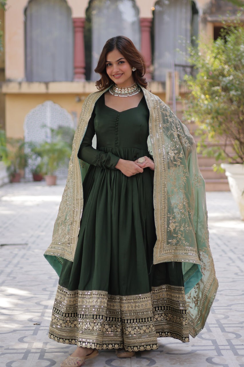 "Elegant Shimmer Vichitra Embroidered Gown with Sequins and Fendi Dupatta with Lace Border"